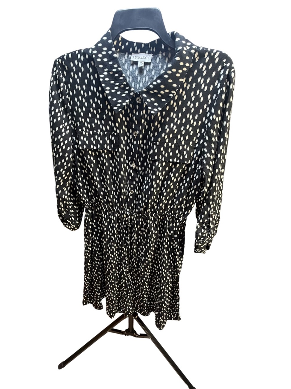 Luxology Black Dress with Cream Dot Print and Collared Neck